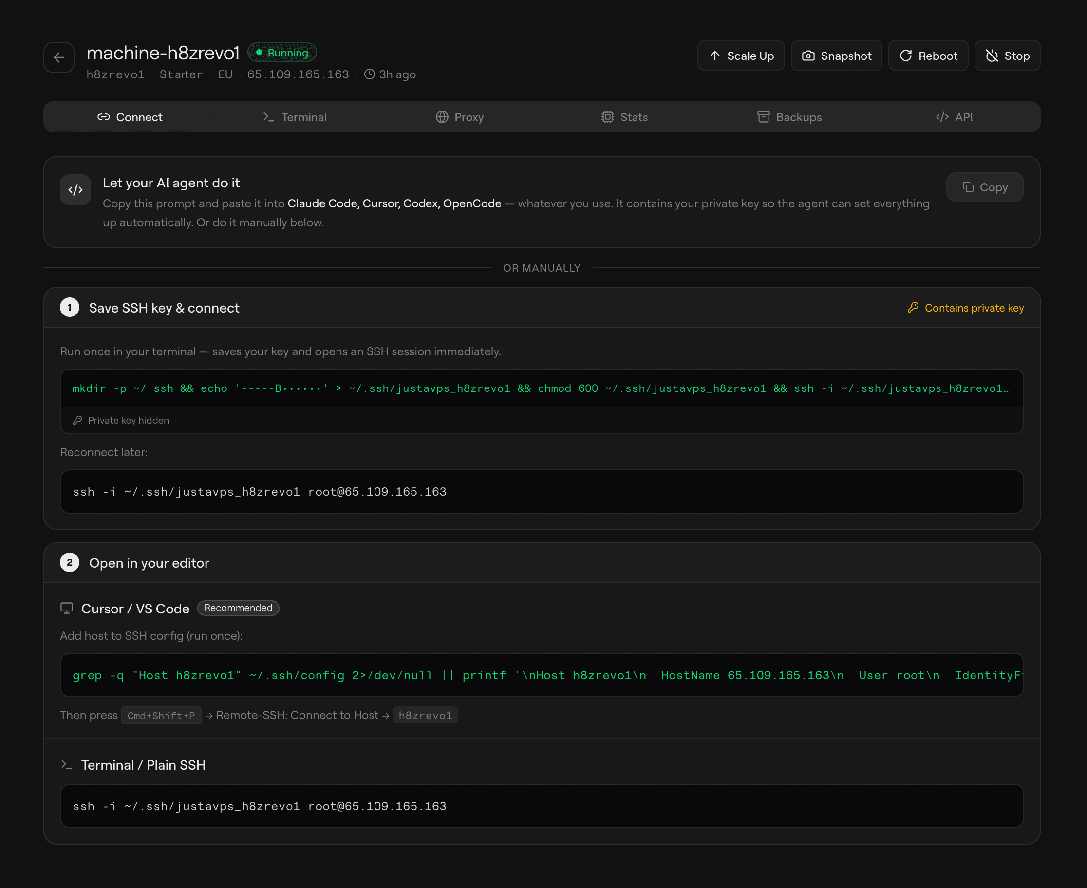 JustAVPS Connect tab showing SSH key setup, config snippet, and editor connection instructions